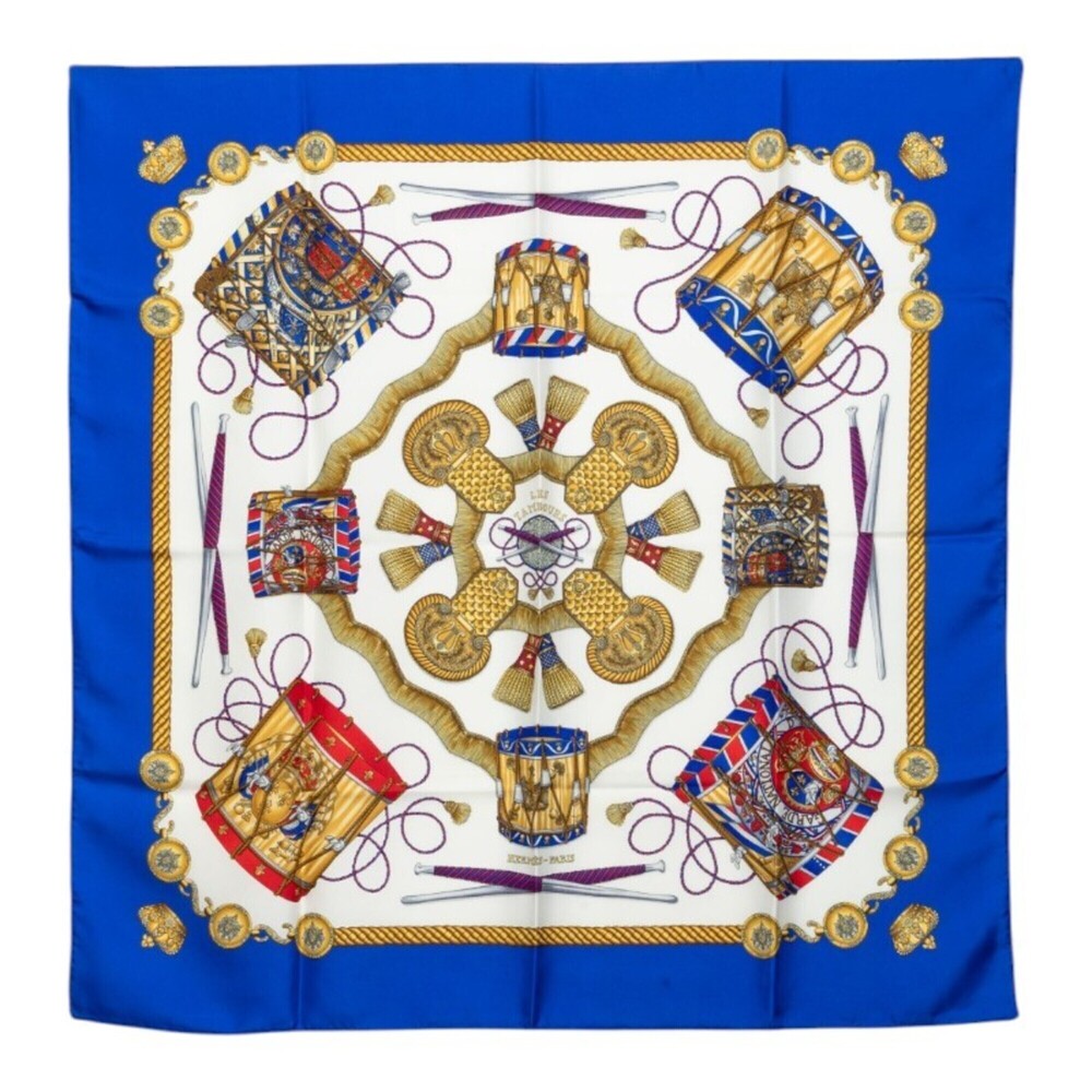 Hermes Carre 90 LES TAMBOURS (The Tambour Drum) Scarf/Muffler, Blue Multicolo...